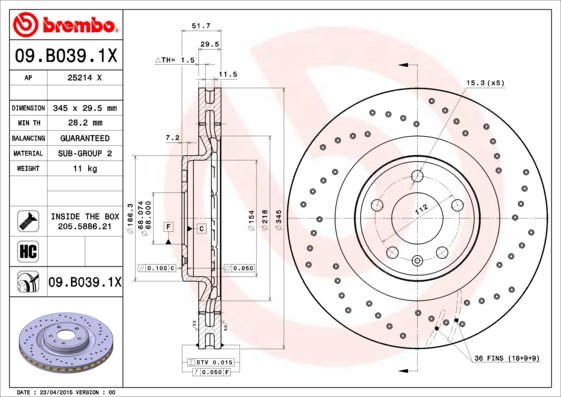 BREMBO brzdový kotúč 09.B039.1X, sada 2 ks