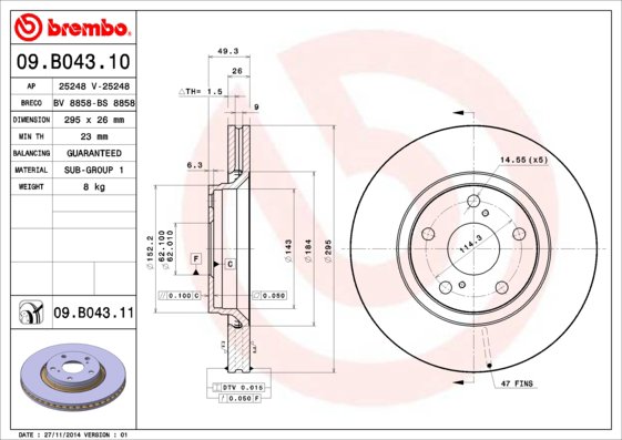 BREMBO brzdový kotúč 09.B043.11, súprava 2 ks