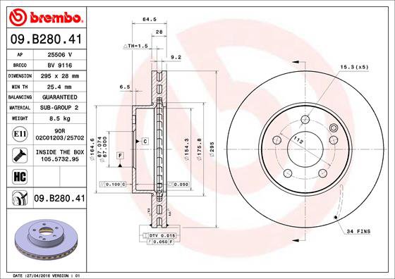 BREMBO brzdový kotúč 09.B280.41, súprava 2 ks