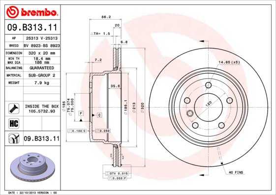 BREMBO brzdový kotúč 09.B313.11, súprava 2 ks