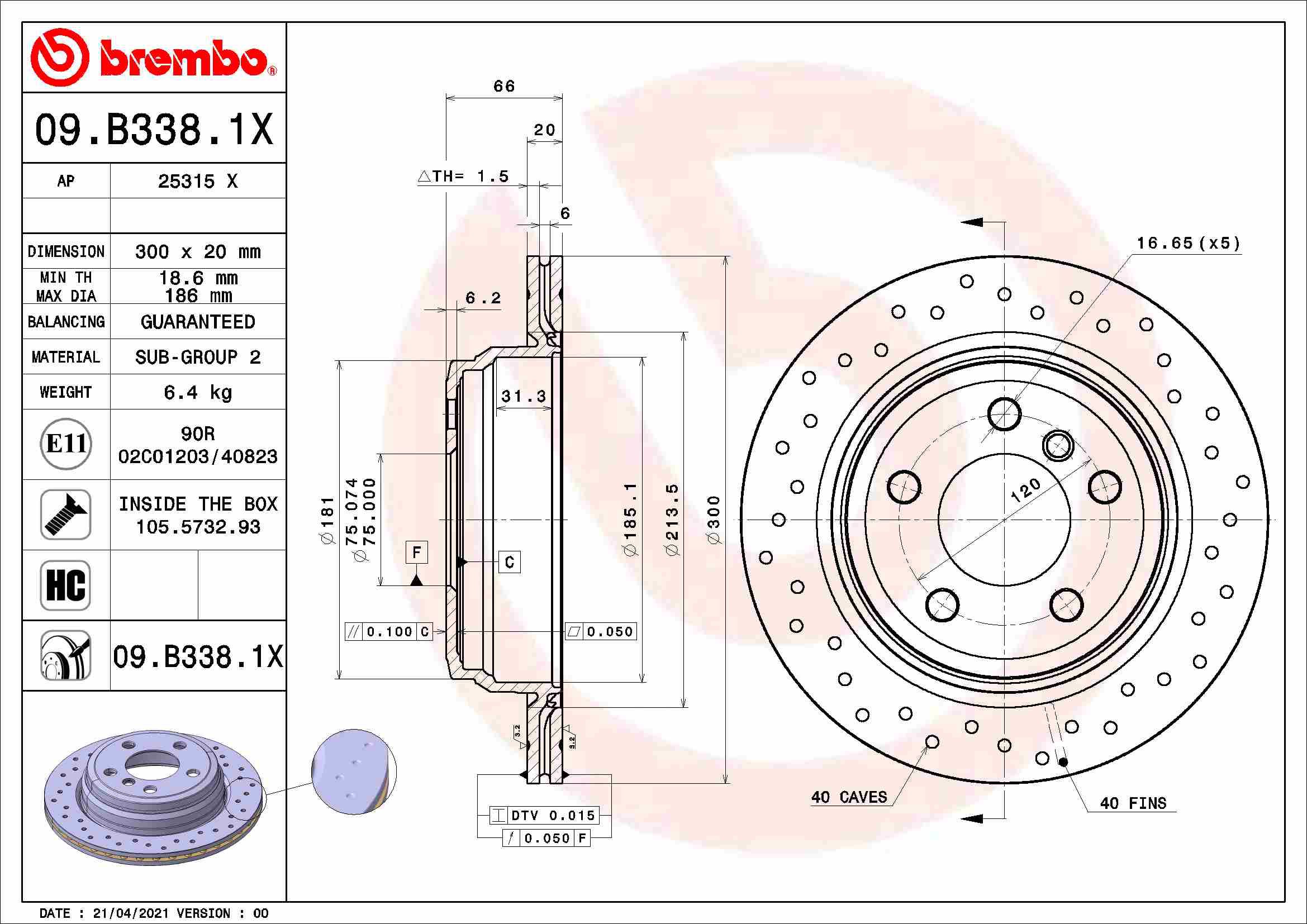 BREMBO brzdový kotúč 09.B338.1X, súprava 2 ks