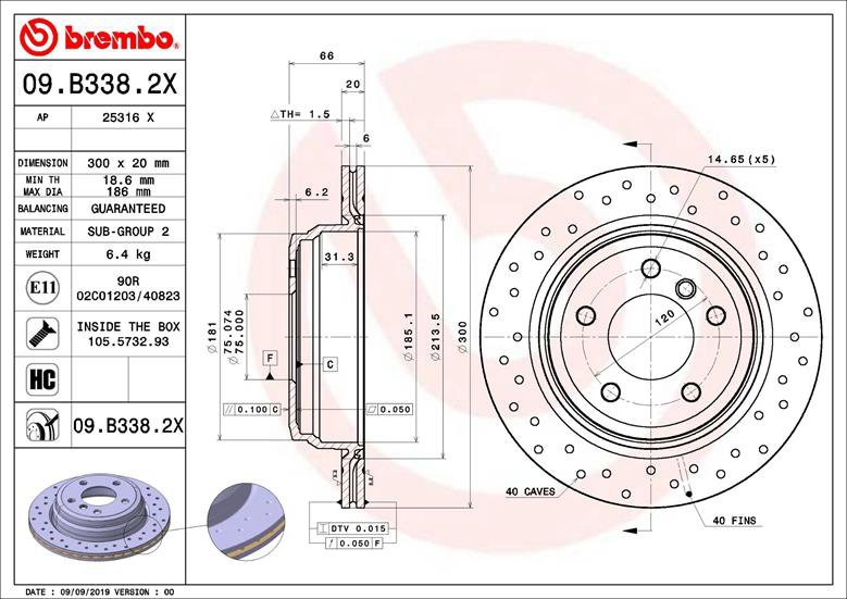 BREMBO brzdový kotúč 09.B338.2X, súprava 2 ks