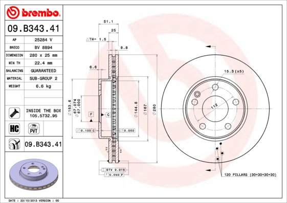 BREMBO brzdový kotúč 09.B343.41, súprava 2 ks