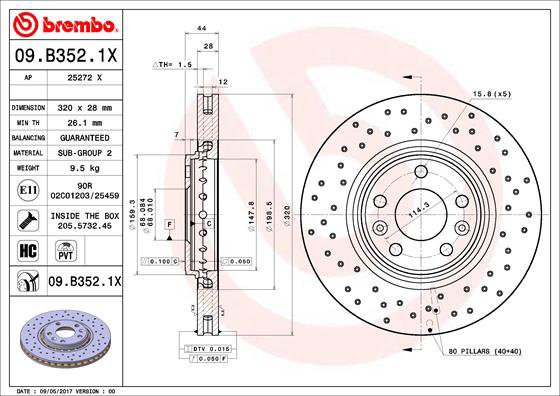 BREMBO brzdový kotúč 09.B352.1X, súprava 2 ks