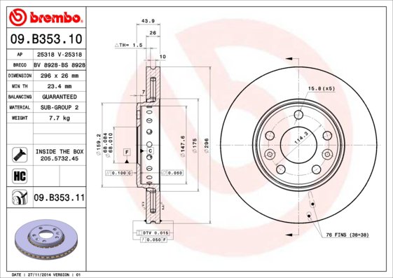 BREMBO brzdový kotúč 09.B353.11, súprava 2 ks