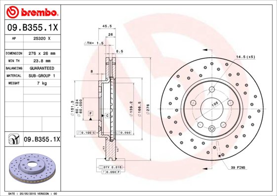 BREMBO brzdový kotúč 09.B355.1X, súprava 2 ks