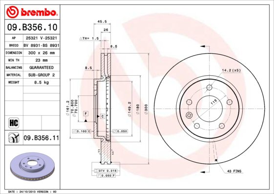 BREMBO brzdový kotúč 09.B356.11, súprava 2 ks