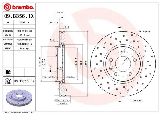 BREMBO brzdový kotúč 09.B356.1X, sada 2 ks