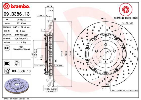 BREMBO brzdový kotúč 09.B386.13, sada 2 ks