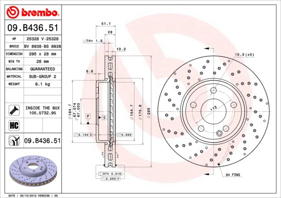 BREMBO brzdový kotúč 09.B436.51, sada 2 ks