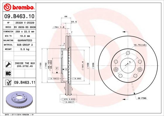 BREMBO brzdový kotúč 09.B463.11, sada 2 ks