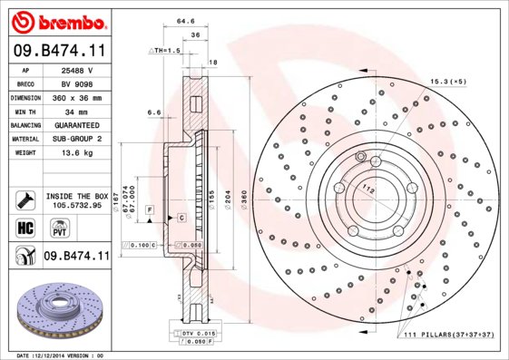BREMBO brzdový kotúč 09.B474.11, sada 2 ks