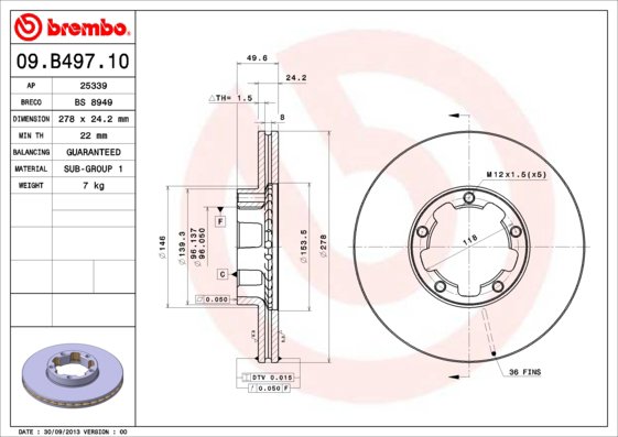 BREMBO brzdový kotúč 09.B497.10, sada 2 ks