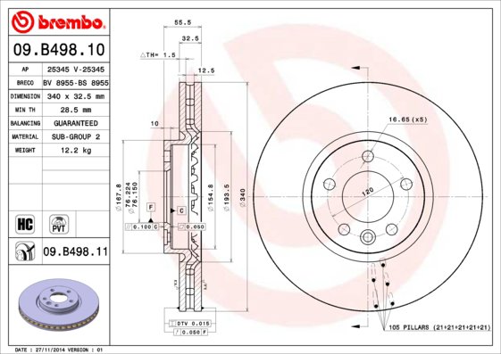 BREMBO brzdový kotúč 09.B498.11, sada 2 ks