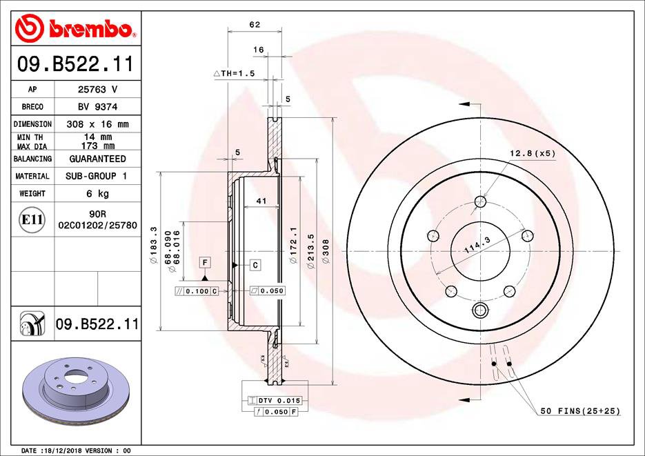 BREMBO brzdový kotúč 09.B522.11, súprava 2 ks