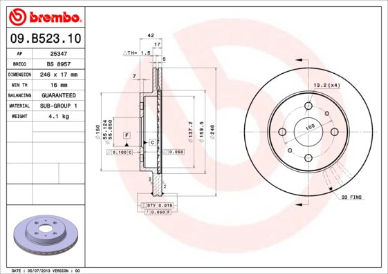 BREMBO brzdový kotúč 09.B523.10, súprava 2 ks
