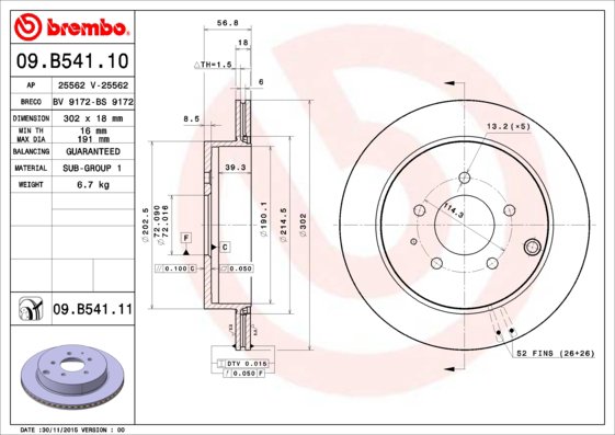 BREMBO brzdový kotúč 09.B541.11, sada 2 ks