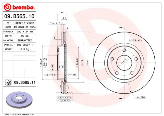 BREMBO brzdový kotúč 09.B565.11, sada 2 ks