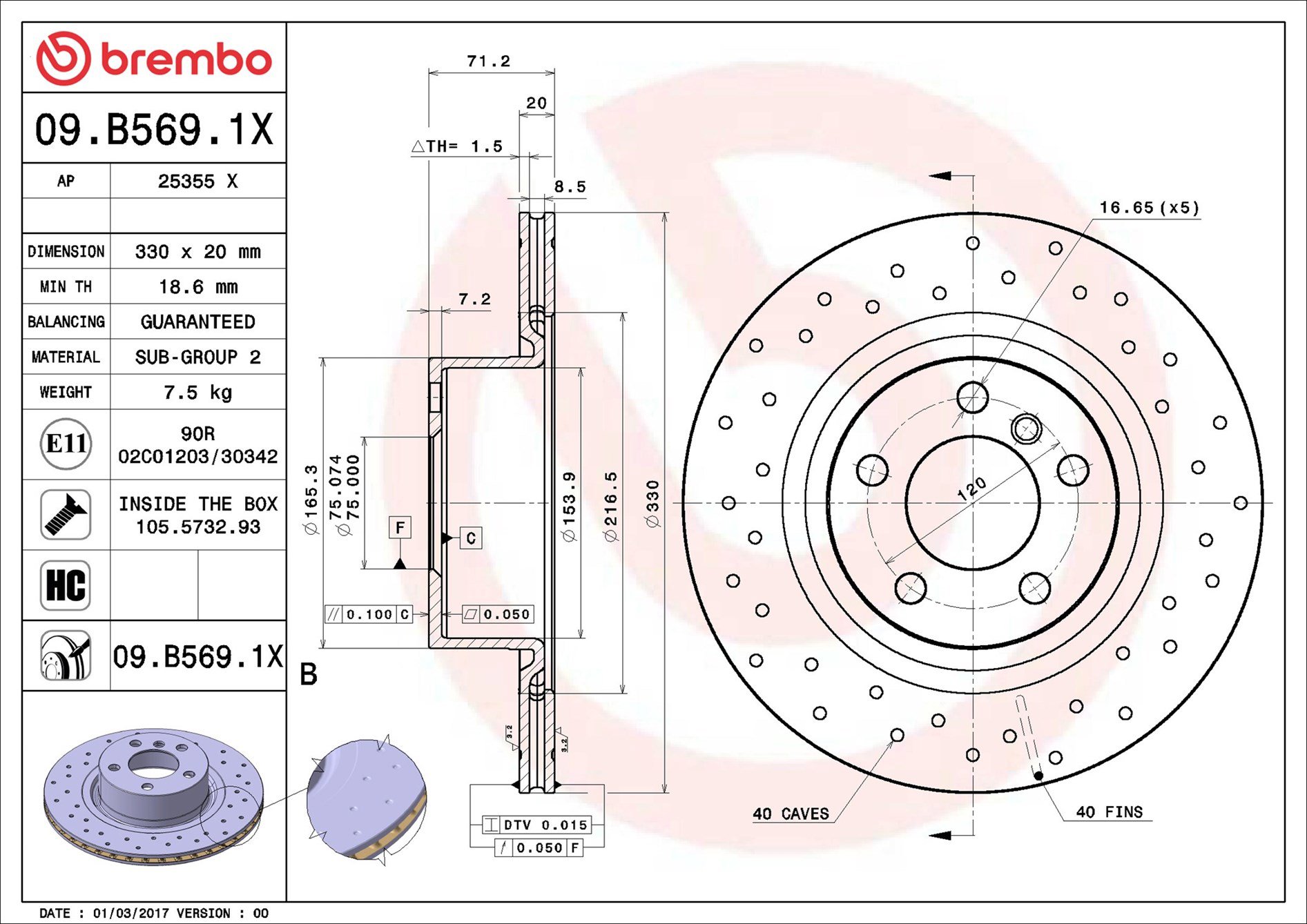 BREMBO brzdový kotúč 09.B569.1X, súprava 2 ks