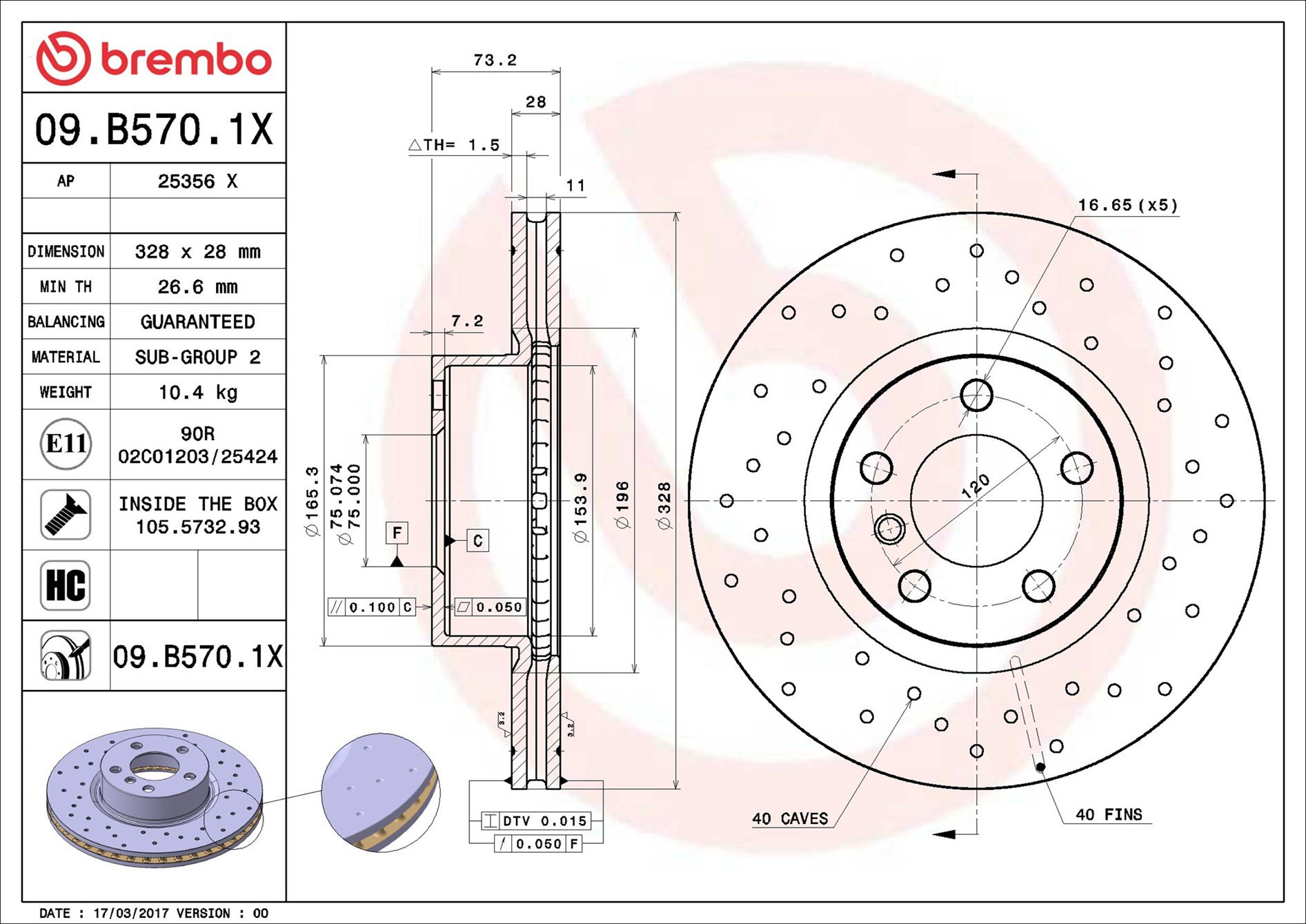 BREMBO brzdový kotúč 09.B570.1X, súprava 2 ks