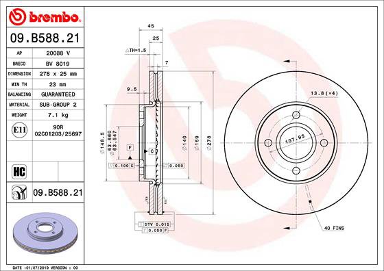 BREMBO brzdový kotúč 09.B588.21, súprava 2 ks