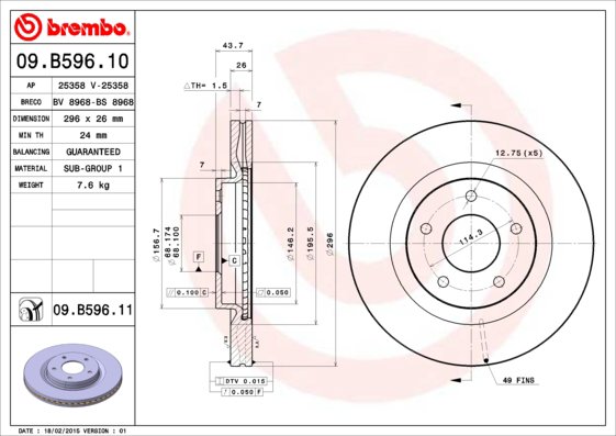 BREMBO brzdový kotúč 09.B596.11, súprava 2 ks