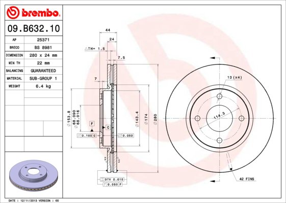 BREMBO brzdový kotúč 09.B632.10, sada 2 ks