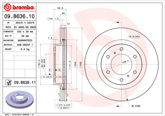 BREMBO brzdový kotúč 09.B636.11, sada 2 ks