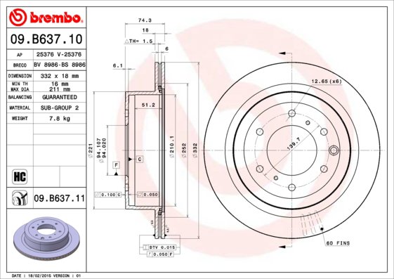 BREMBO brzdový kotúč 09.B637.11, sada 2 ks