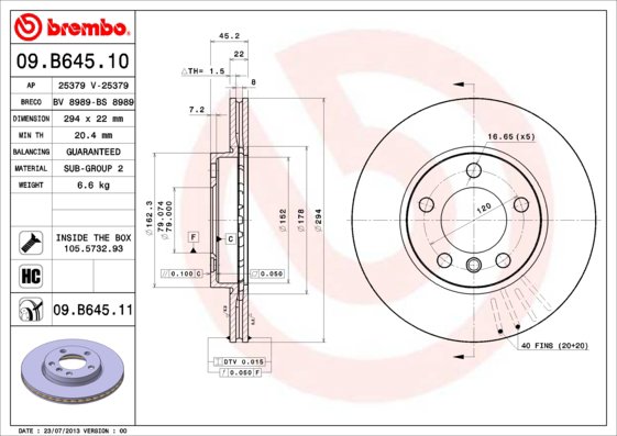 BREMBO brzdový kotúč 09.B645.11, sada 2 ks