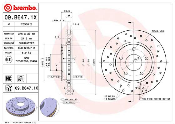 BREMBO brzdový kotúč 09.B647.1X, sada 2 ks