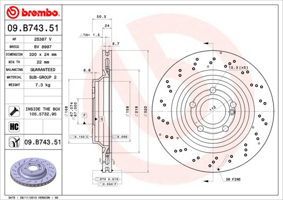 BREMBO brzdový kotúč 09.B743.51, sada 2 ks