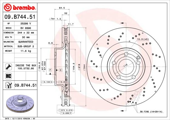 BREMBO brzdový kotúč 09.B744.51, sada 2 ks