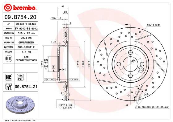 BREMBO brzdový kotúč 09.B754.21, súprava 2 ks