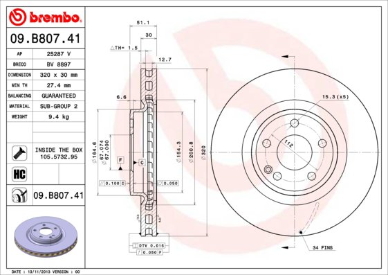 BREMBO brzdový kotúč 09.B807.41, súprava 2 ks