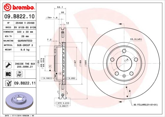 BREMBO brzdový kotúč 09.B822.11, súprava 2 ks