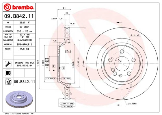 BREMBO brzdový kotúč 09.B842.11, súprava 2 ks