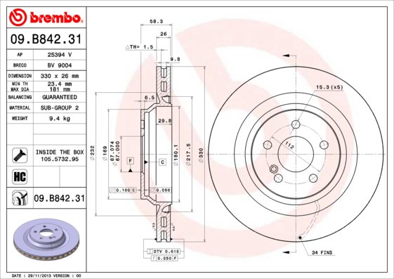 BREMBO brzdový kotúč 09.B842.31, súprava 2 ks
