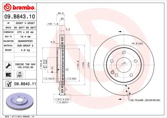 BREMBO brzdový kotúč 09.B843.11, súprava 2 ks