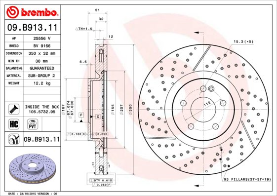BREMBO brzdový kotúč 09.B913.11, súprava 2 ks