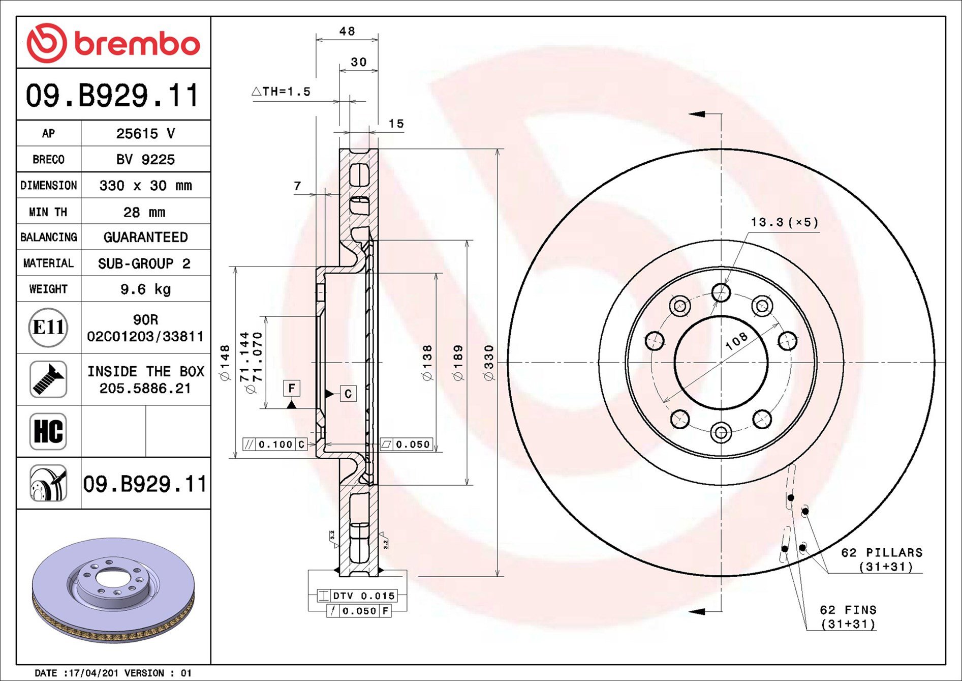 BREMBO brzdový kotúč 09.B929.11, súprava 2 ks