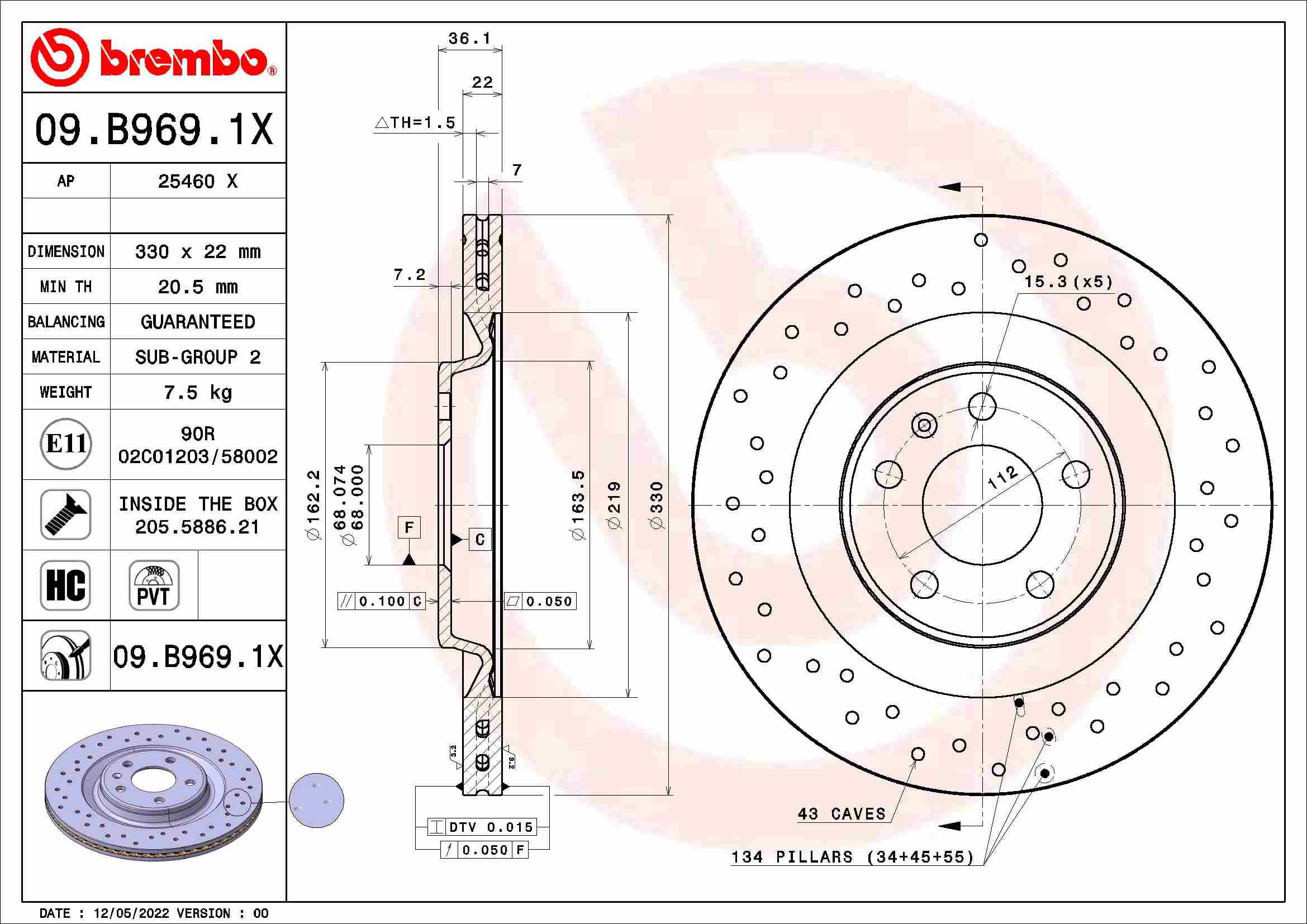 BREMBO brzdový kotúč 09.B969.1X, sada 2 ks