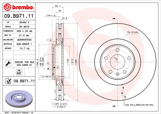 BREMBO brzdový kotúč 09.B971.11, súprava 2 ks