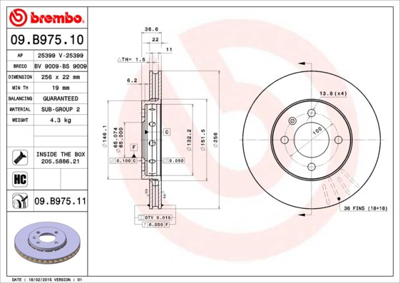 BREMBO brzdový kotúč 09.B975.11, súprava 2 ks