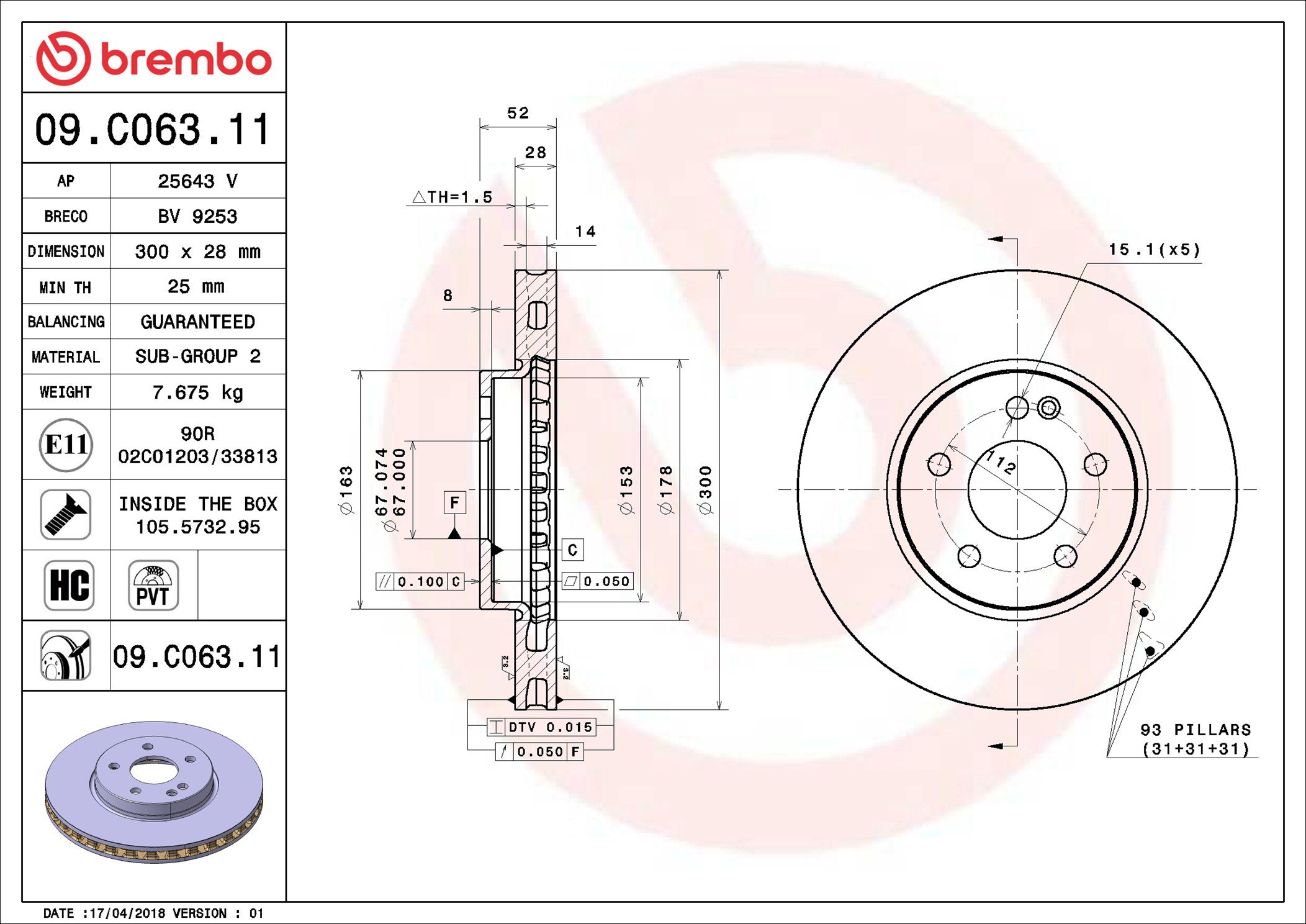 BREMBO brzdový kotúč 09.C063.11, súprava 2 ks