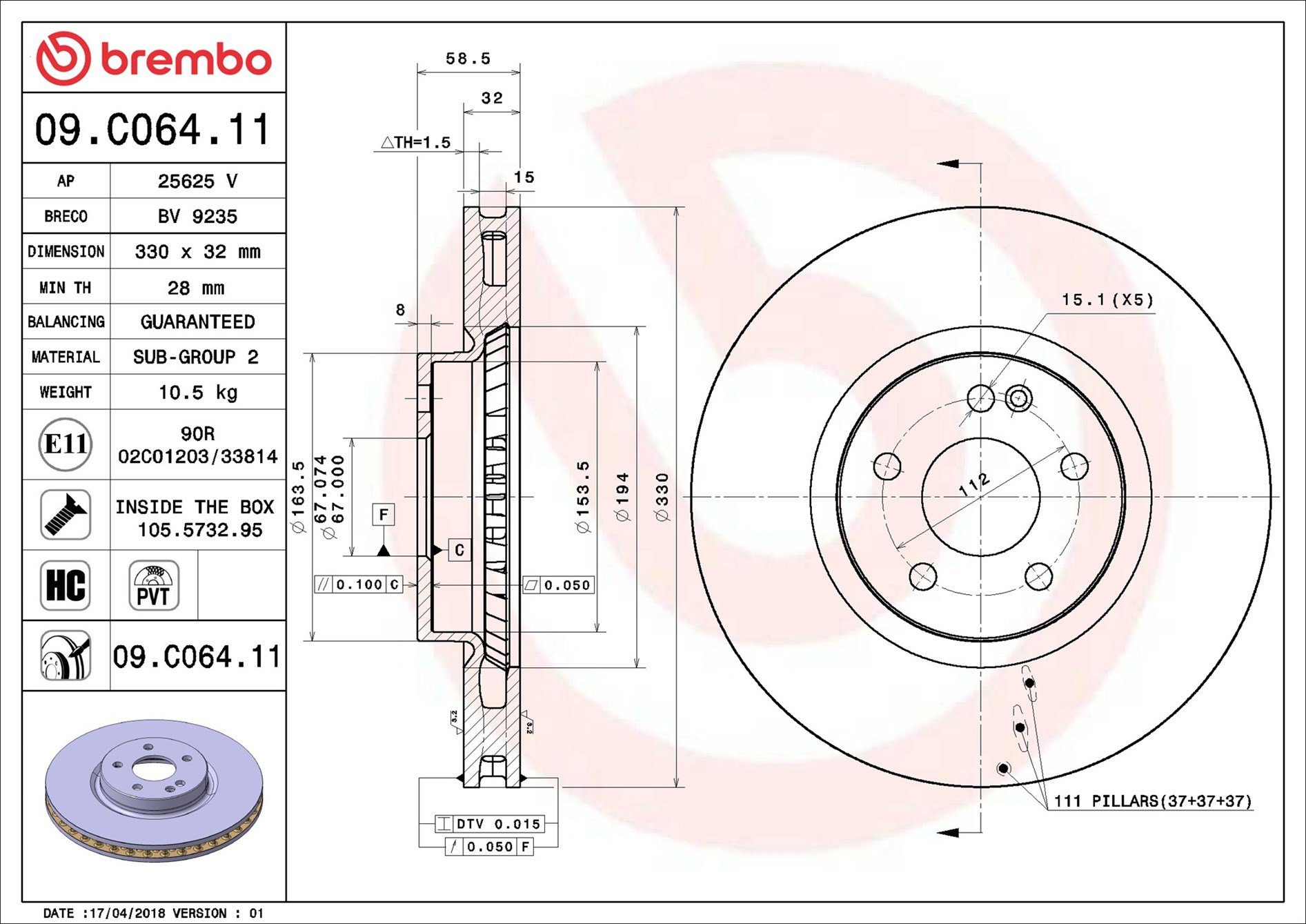 BREMBO brzdový kotúč 09.C064.11, súprava 2 ks