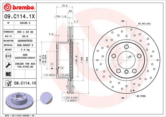BREMBO brzdový kotúč 09.C114.1X, súprava 2 ks