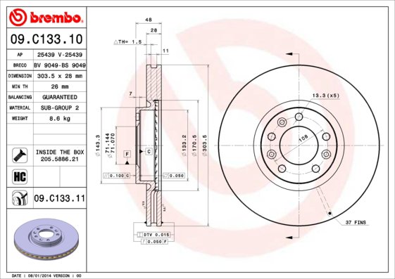 BREMBO brzdový kotúč 09.C133.11, sada 2 ks