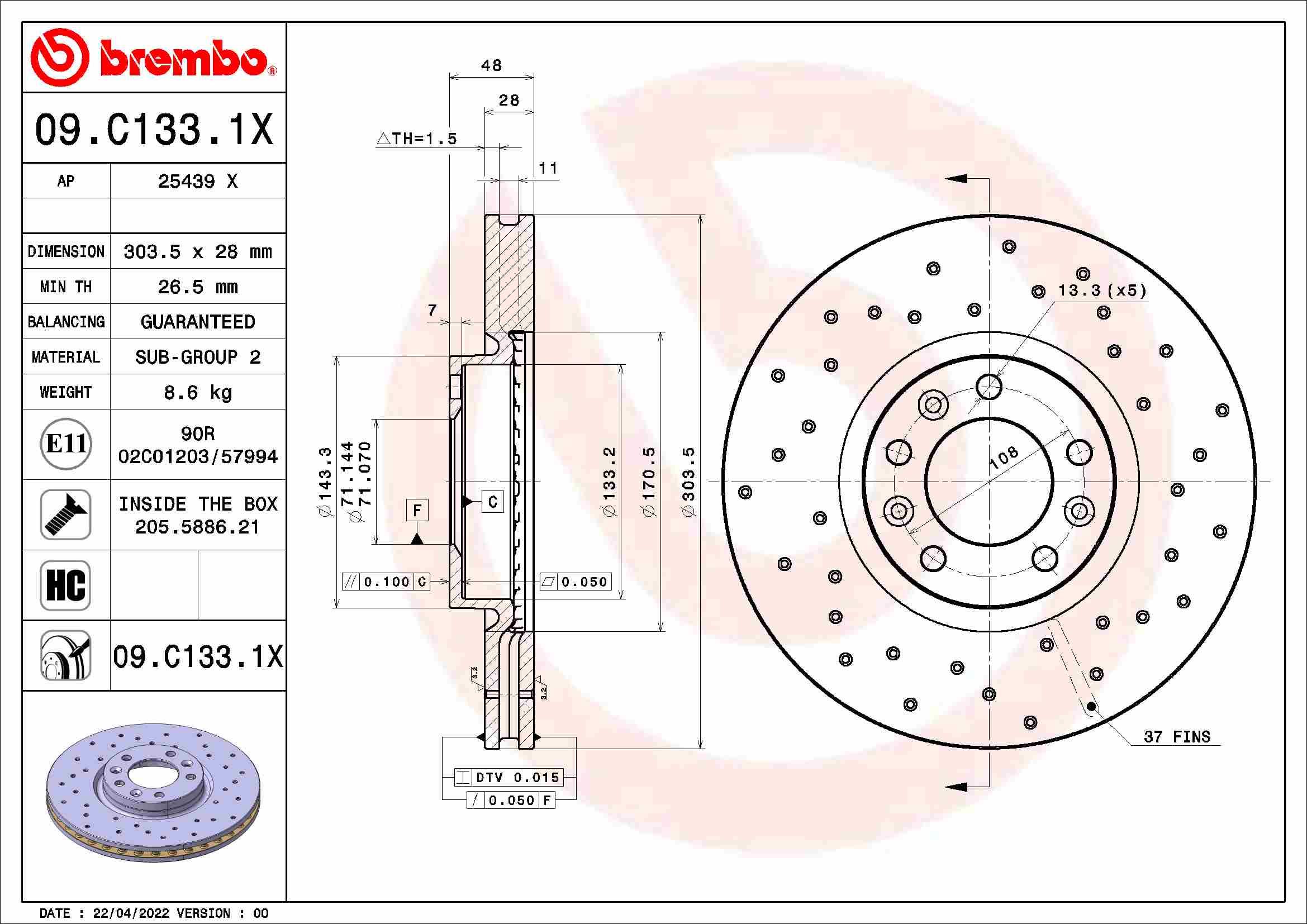 BREMBO brzdový kotúč 09.C133.1X, sada 2 ks