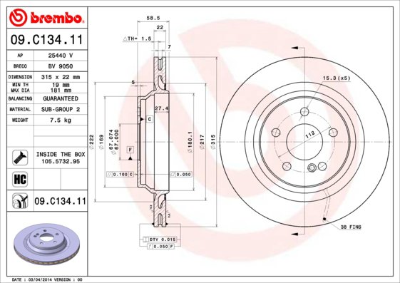 BREMBO brzdový kotúč 09.C134.11, sada 2 ks